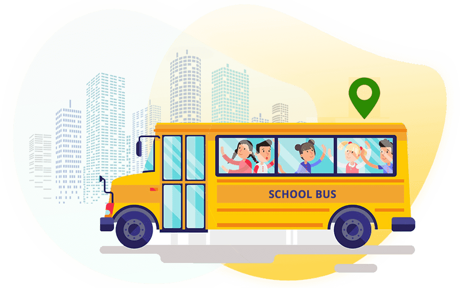 Illustration of a school bus with children inside and a cityscape in the background